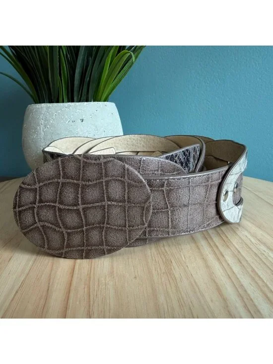 Chicos Belt M Brown Croc Embossed Faux Leather Belt With Snake Print Accents - Picture 2 of 16